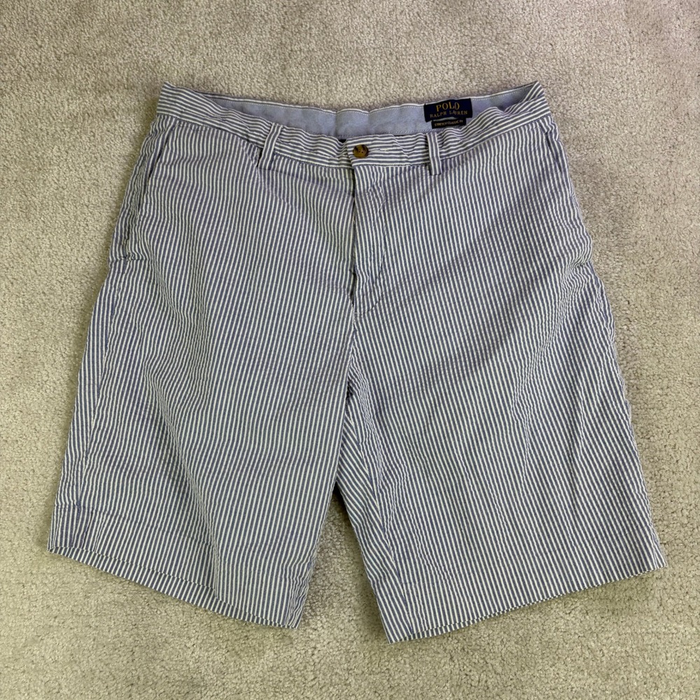 Polo Ralph Lauren Stretch Classic Fit Seersucker Shorts Mens 32 Blue White Pony
